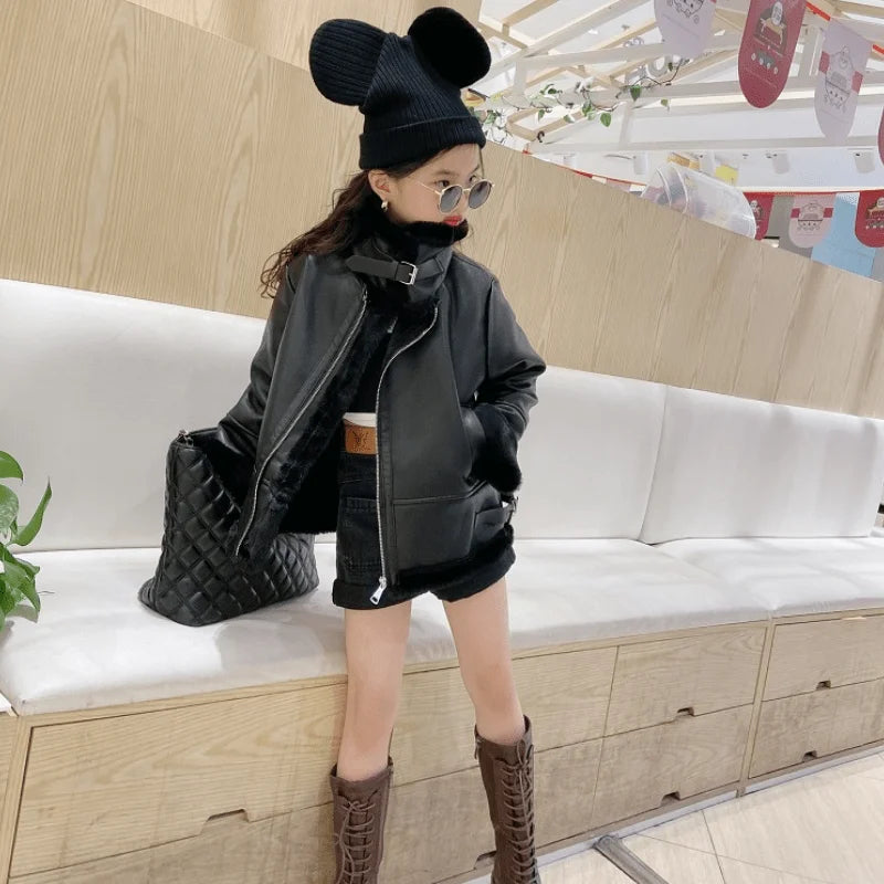 Fashion Baby Girl Leather Fur Jacket Leather In Clothes 1-16Y