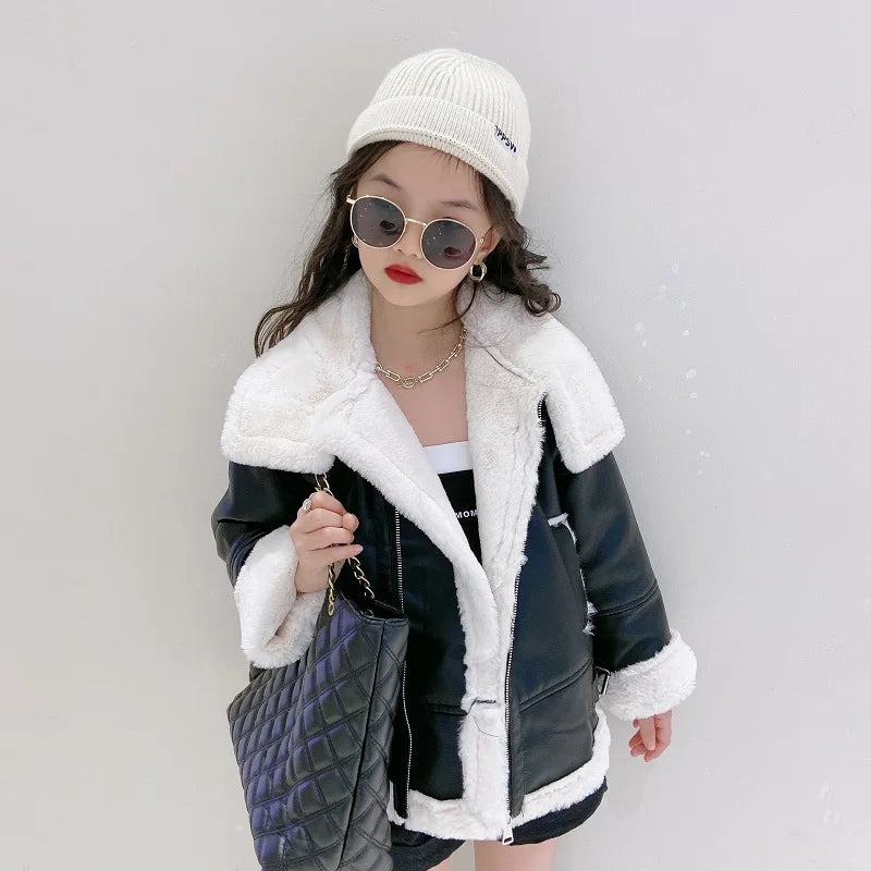 Fashion Baby Girl Leather Fur Jacket Leather In Clothes 1-16Y