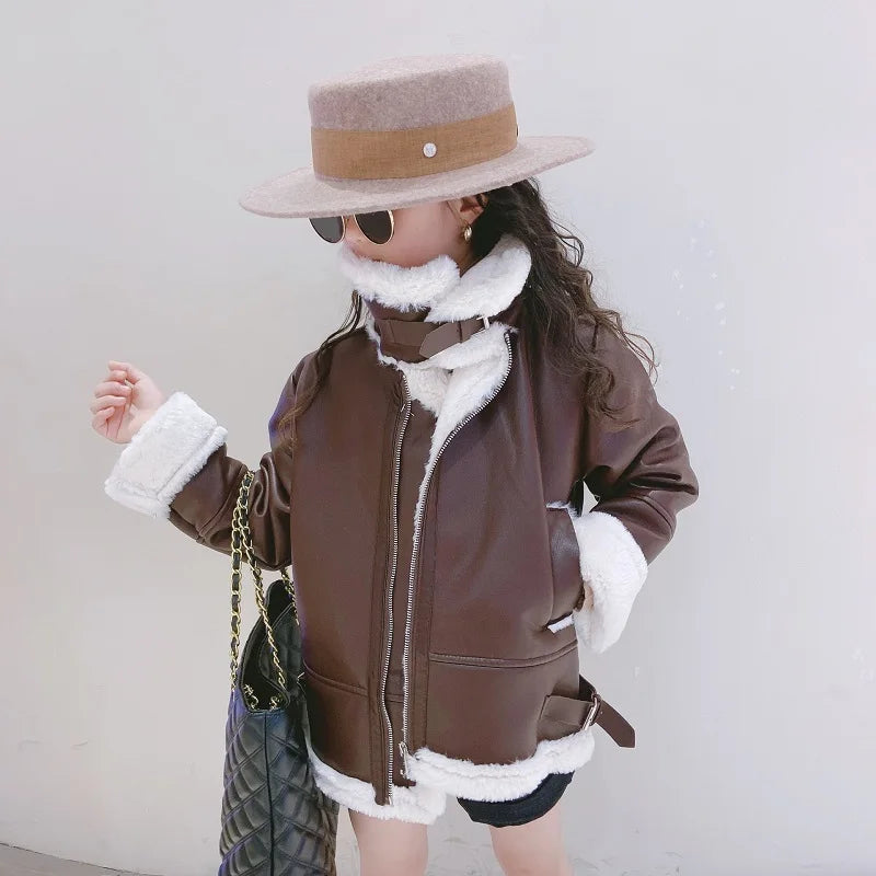 Fashion Baby Girl Leather Fur Jacket Leather In Clothes 1-16Y