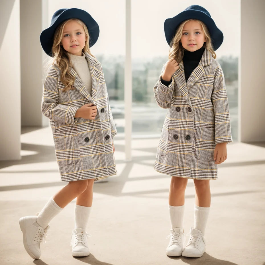 Girls Winter Long Jacket Outerwear Plaid Pattern Jacket For