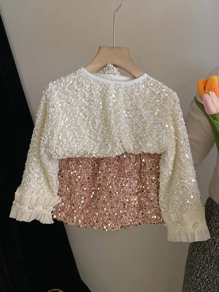 Spring Studded Top Sweet Pink Sequin Half Skirt Trend Sets