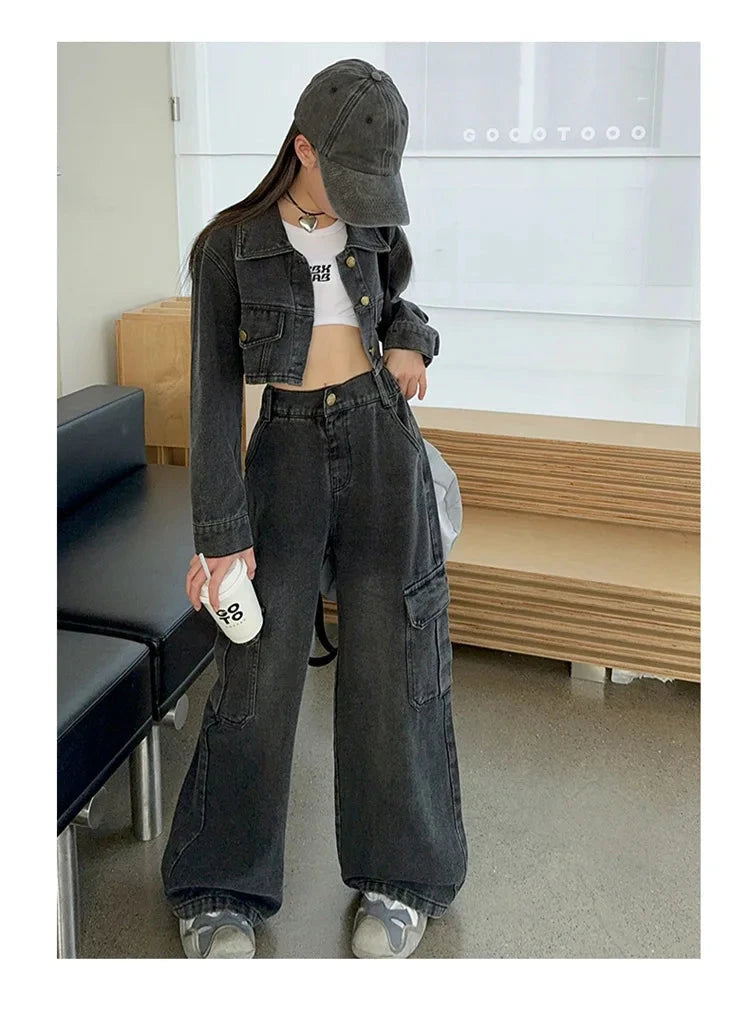 Kids girls Denim clothes Suits Long Sleeved short Jacket+wide Leg Jeans 2pcs children girl set outfit