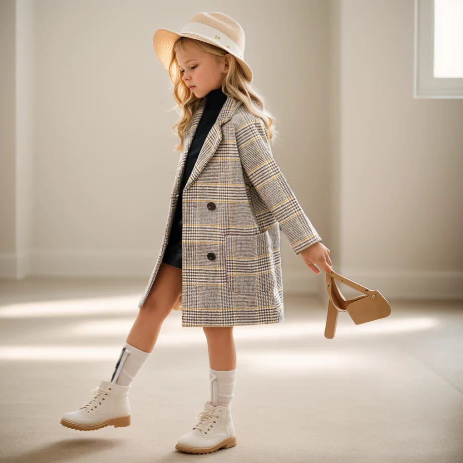 Girls Winter Long Jacket Outerwear Plaid Pattern Jacket For