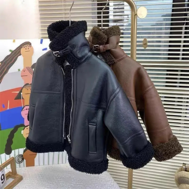 boy Girls Jackets Leather Fleece Thickness Kids Coats