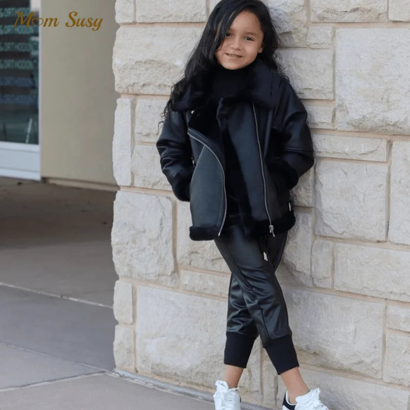 Fashion Baby Girl Leather Fur Jacket Leather In Clothes 1-16Y