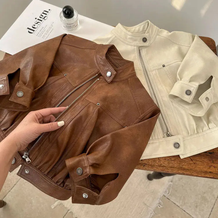 Versatile for Boys and Girls Solid Color Leather Jacket Short Leather Jacket