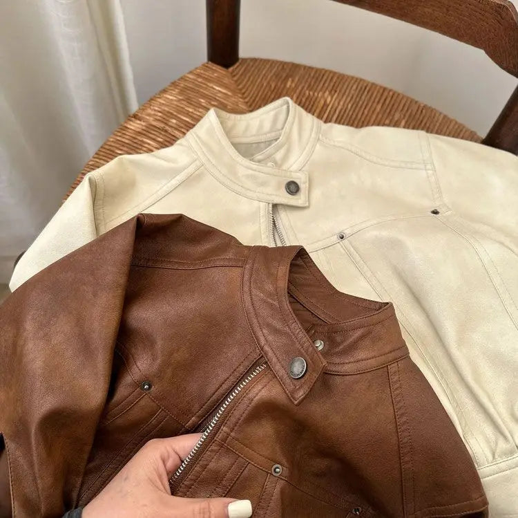 Versatile for Boys and Girls Solid Color Leather Jacket Short Leather Jacket