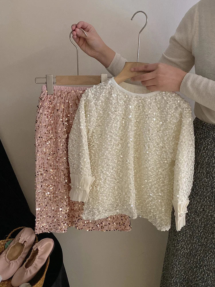 Spring Studded Top Sweet Pink Sequin Half Skirt Trend Sets
