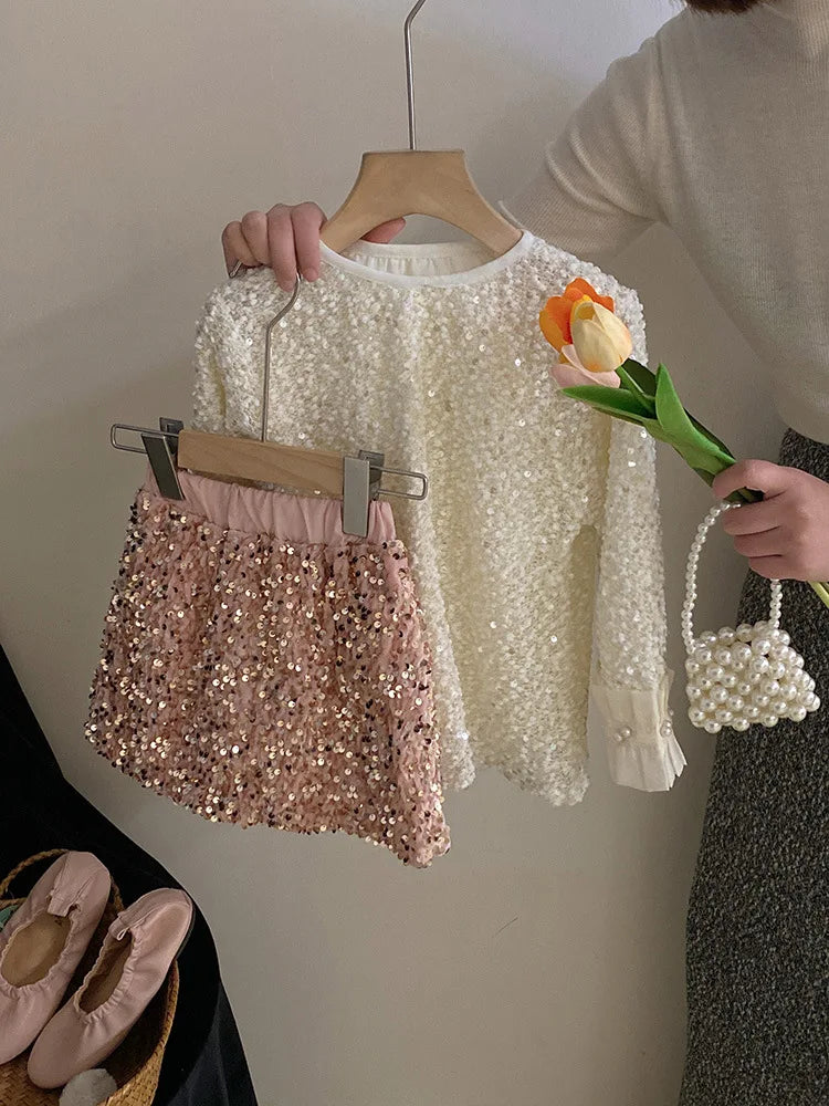 Spring Studded Top Sweet Pink Sequin Half Skirt Trend Sets