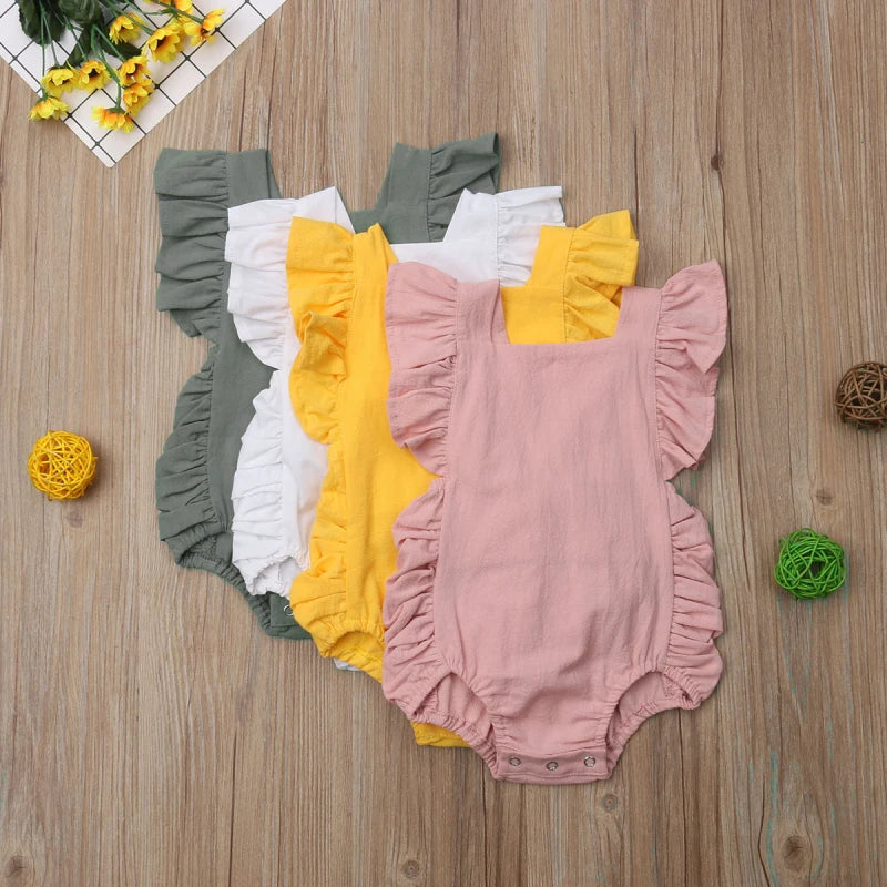 0-24M Infant Girls Solid Color Romper Baby Summer Clothing Sleeveless Square Neck Ruffle Romper Jumpsuits Toddler Overalls