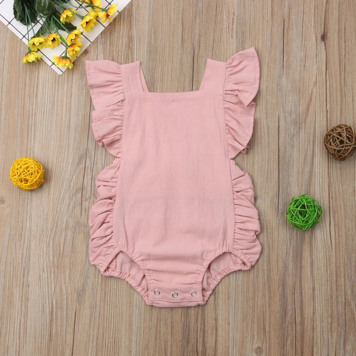 0-24M Infant Girls Solid Color Romper Baby Summer Clothing Sleeveless Square Neck Ruffle Romper Jumpsuits Toddler Overalls