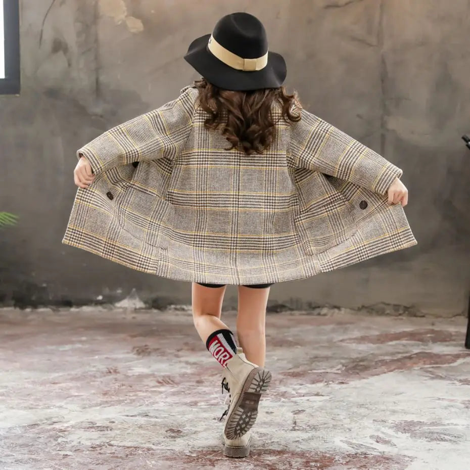 Girls Winter Long Jacket Outerwear Plaid Pattern Jacket For