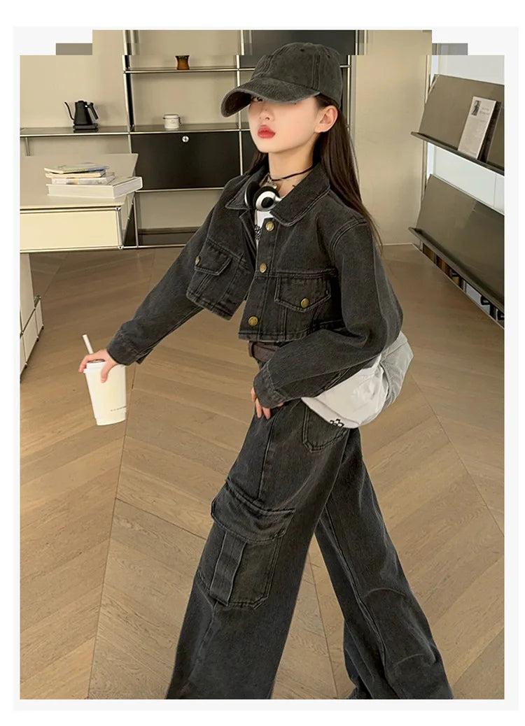 Kids girls Denim clothes Suits Long Sleeved short Jacket+wide Leg Jeans 2pcs children girl set outfit