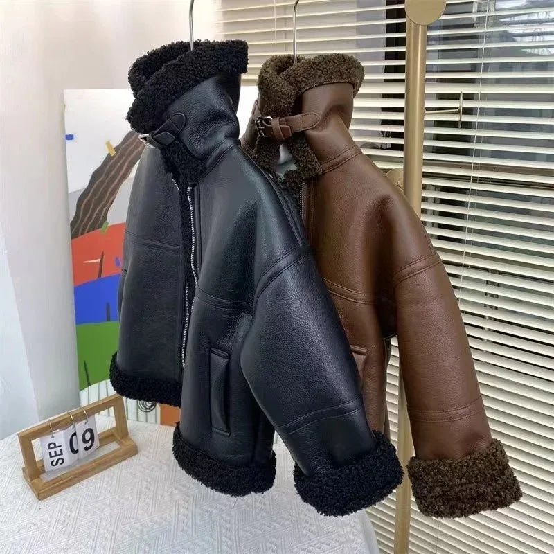 boy Girls Jackets Leather Fleece Thickness Kids Coats