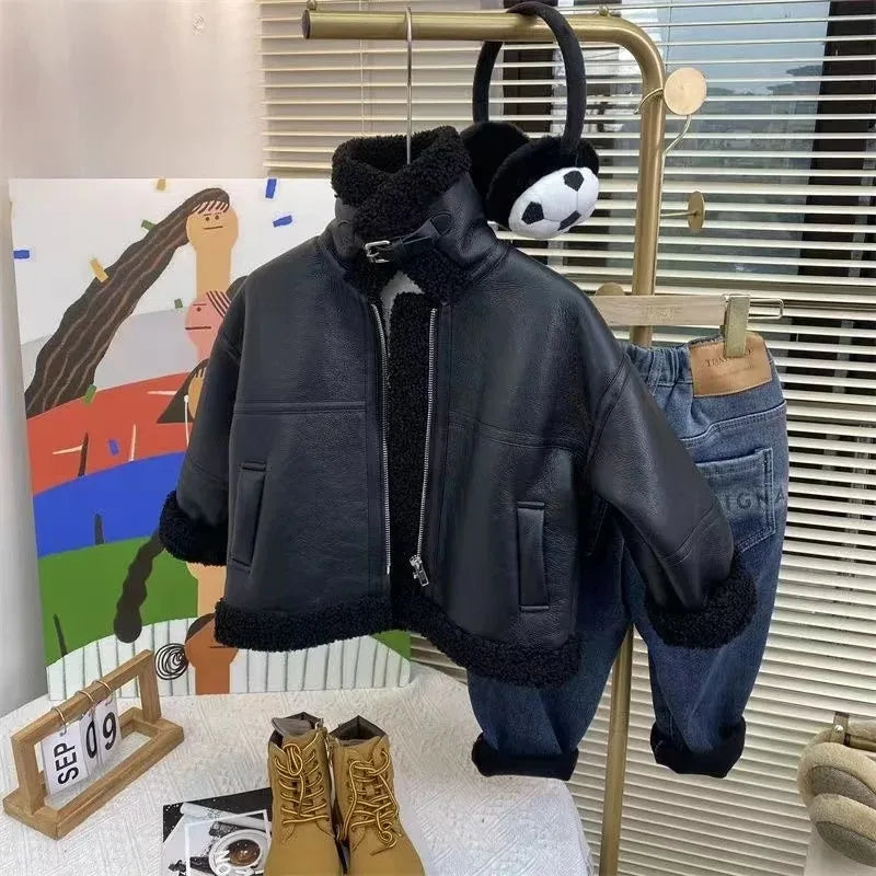 boy Girls Jackets Leather Fleece Thickness Kids Coats