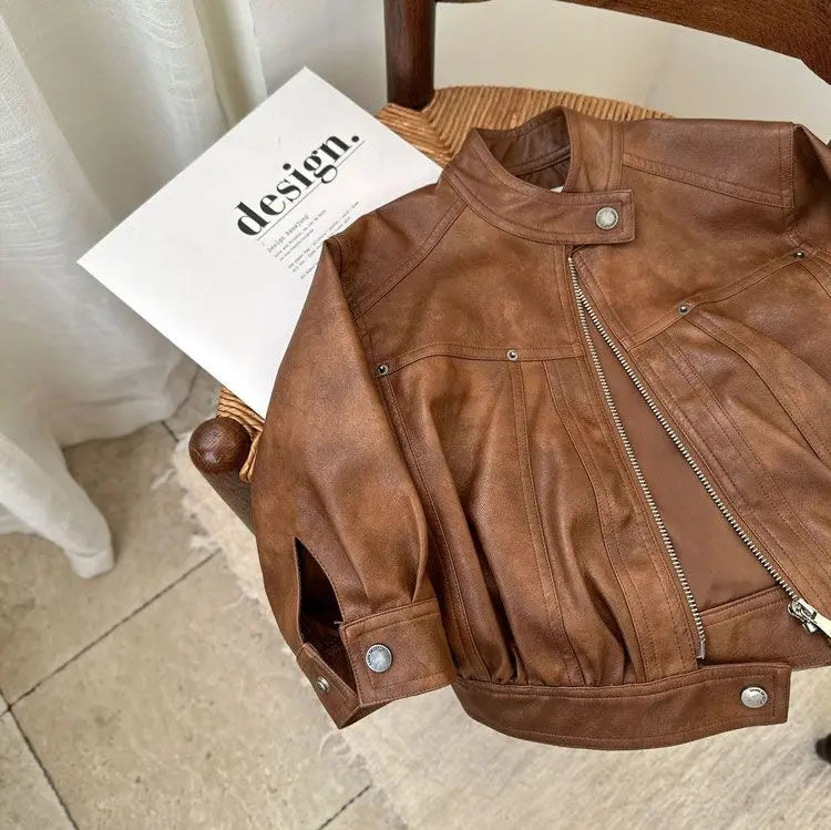 Versatile for Boys and Girls Solid Color Leather Jacket Short Leather Jacket