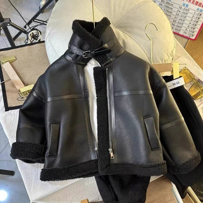 boy Girls Jackets Leather Fleece Thickness Kids Coats