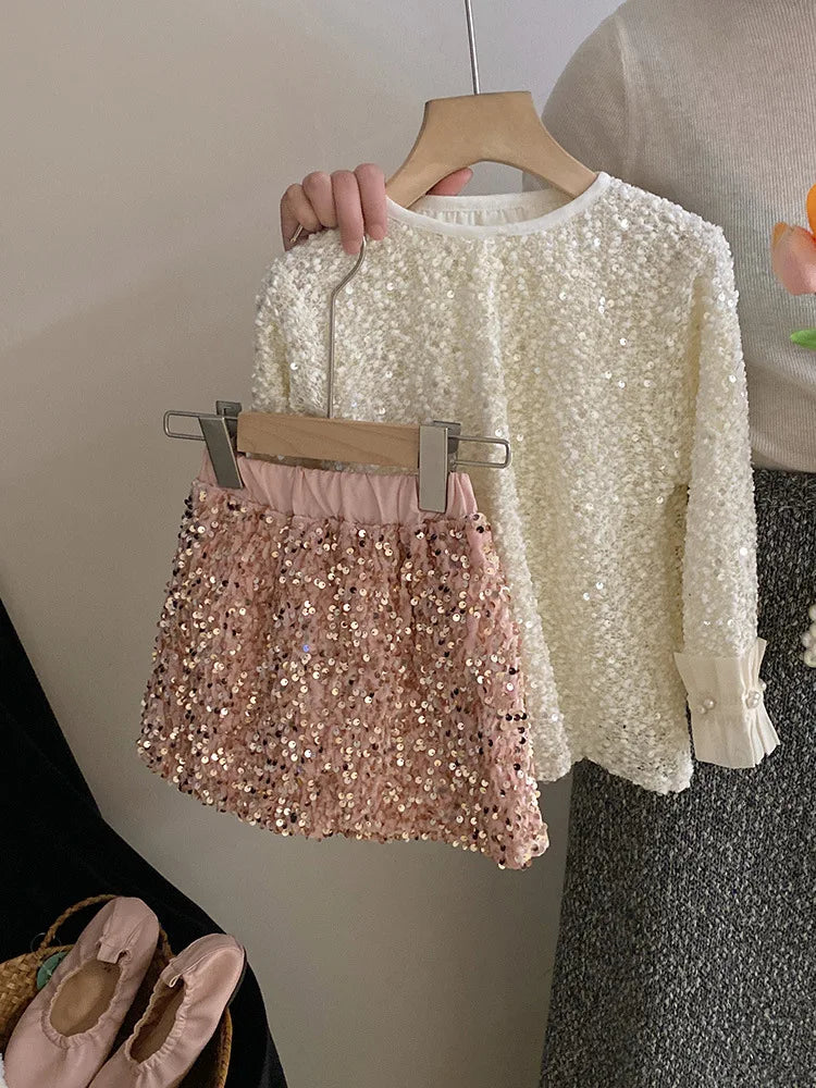 Spring Studded Top Sweet Pink Sequin Half Skirt Trend Sets