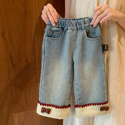 Girls Winter Velvet Thick Jeans Elastic Waist Bow Straight Denim Pants 2-8Years Old Girls Trousers Kids Clothes