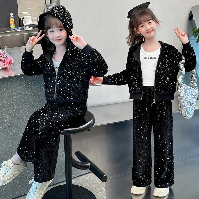 girls clothes sets Sequin Zipper Tracksuit