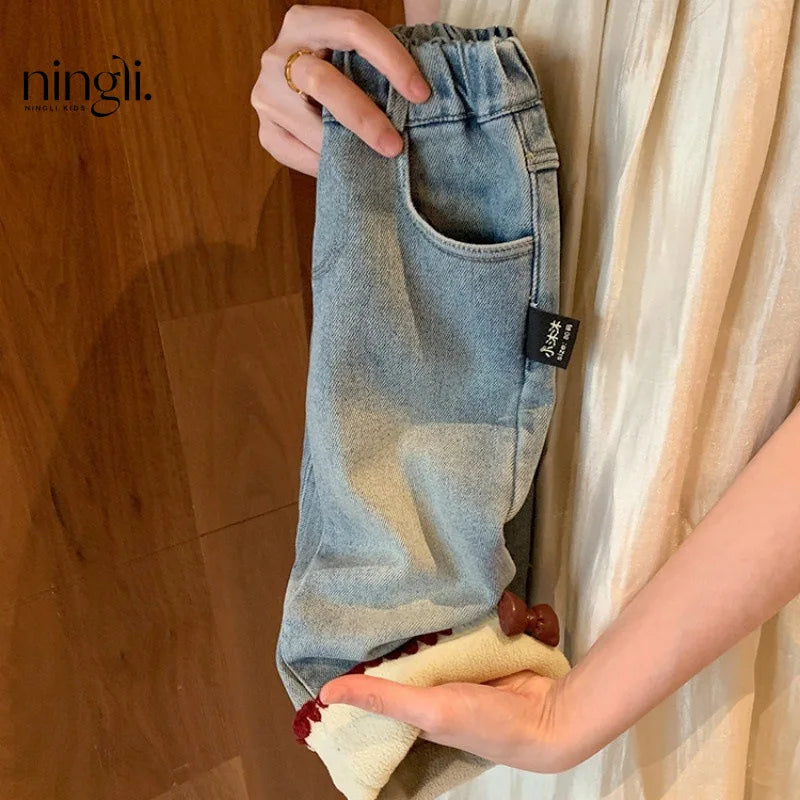 Girls Winter Velvet Thick Jeans Elastic Waist Bow Straight Denim Pants 2-8Years Old Girls Trousers Kids Clothes