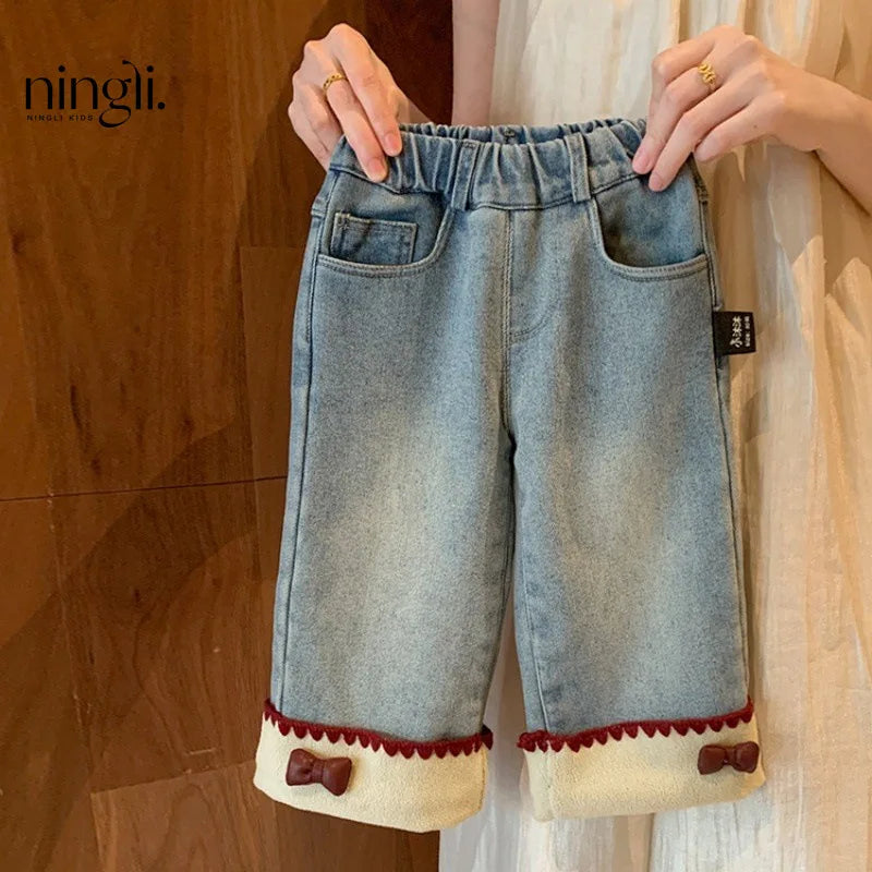 Girls Winter Velvet Thick Jeans Elastic Waist Bow Straight Denim Pants 2-8Years Old Girls Trousers Kids Clothes