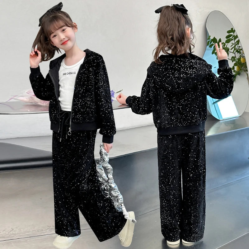 girls clothes sets Sequin Zipper Tracksuit