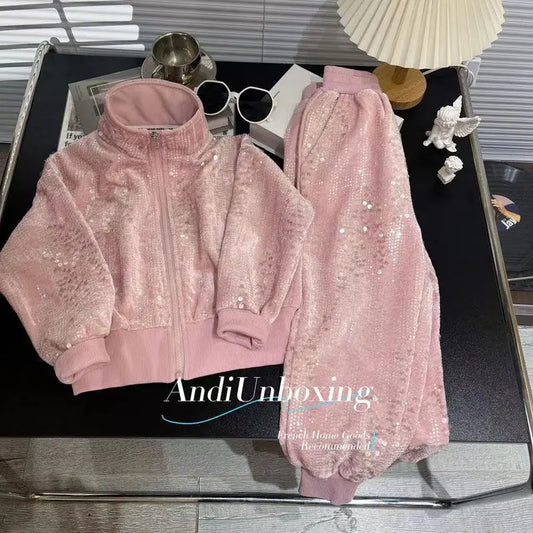 Girls Spring and Autumn Suit 2024 National Style Fashion Internet Celebrity  Autumn Children's Foreign Style Sequins Two-piece