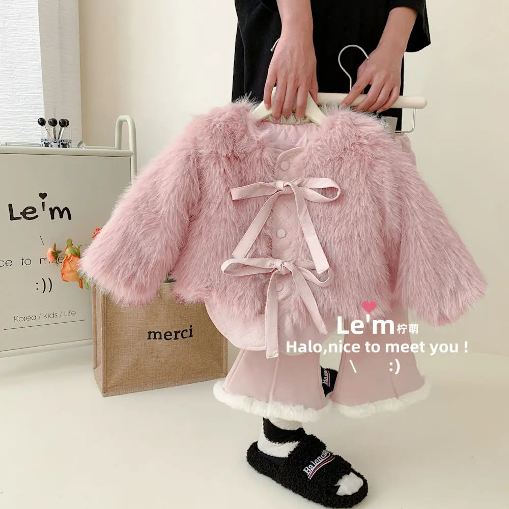 Girls' 2023 Winter Suit with Plush and Thickened Girls' Coat Baby Top and Two-piece Clothing Set Kids Boutique Clothes New