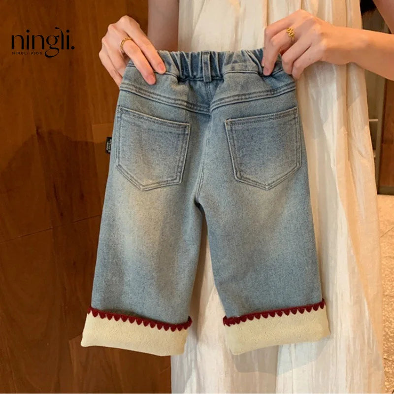 Girls Winter Velvet Thick Jeans Elastic Waist Bow Straight Denim Pants 2-8Years Old Girls Trousers Kids Clothes