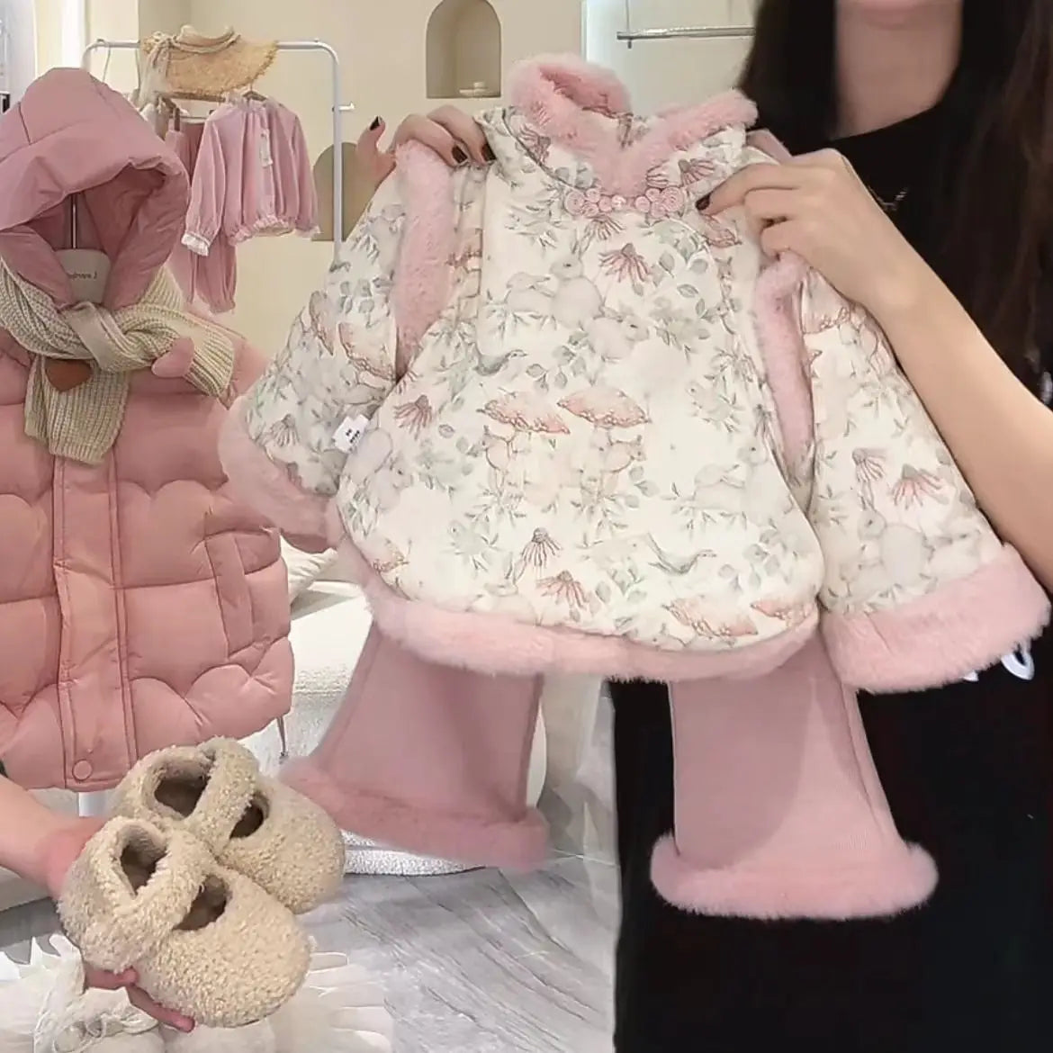 Winter Childent Chinese Pricness Pink Thick Warm Plus Velvet Pullover Coat +bell-bottoms Pants Cotton Girls Jacket Casual Outwea